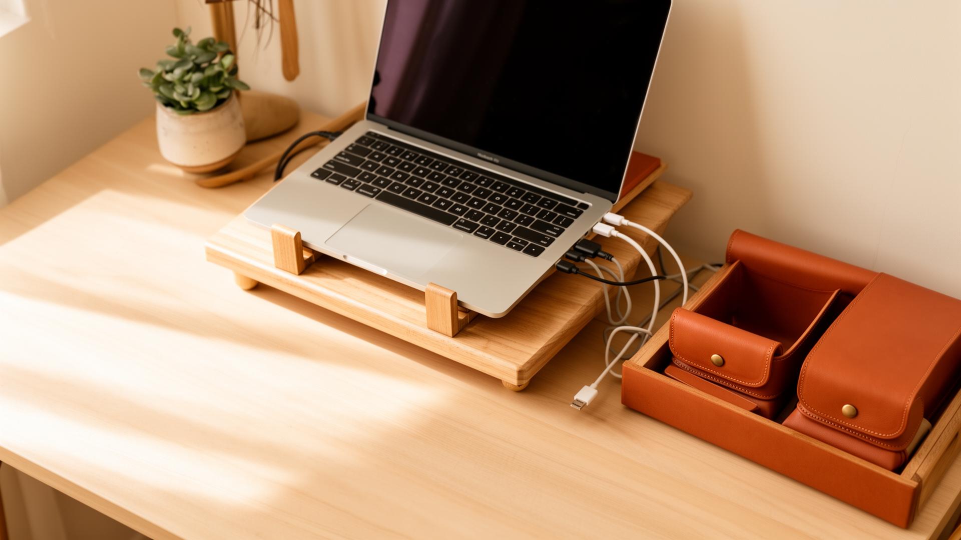 A neatly organized warm wooden desk with a laptop stand and leather organizer